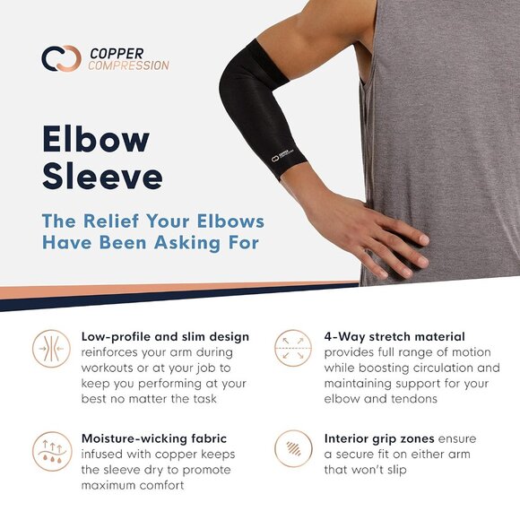 Elbow Sleeve - Copper Infused Orthopedic Brace for Tennis & Golfer Elbow, Tendon - Picture 4 of 7